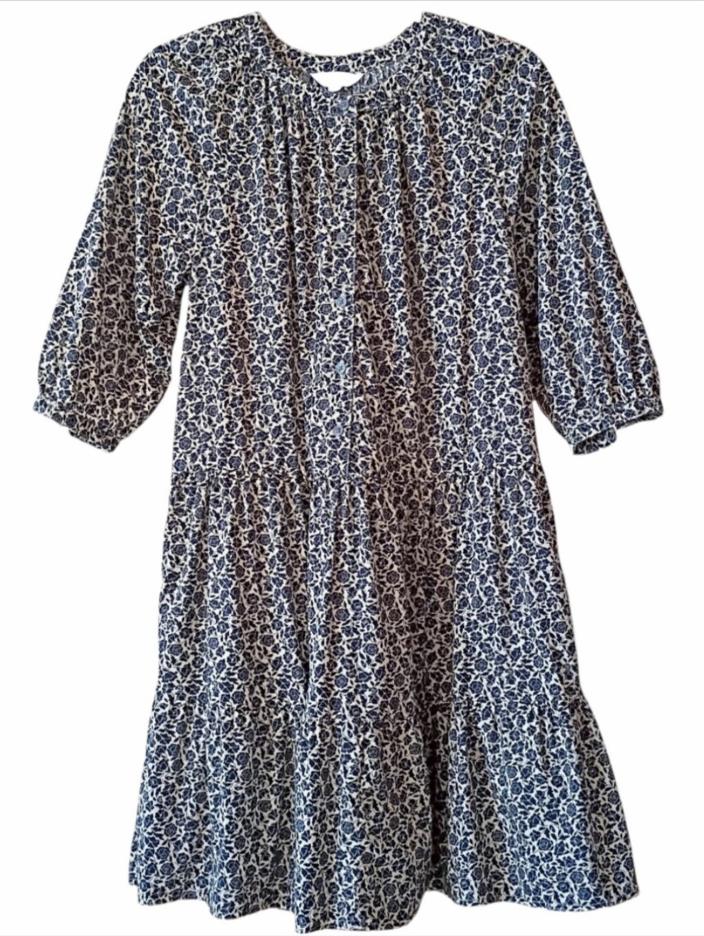 TIME & TRUE Women's Dress Tiered Cream Blue Floral Cotton Button Front MED 8-10